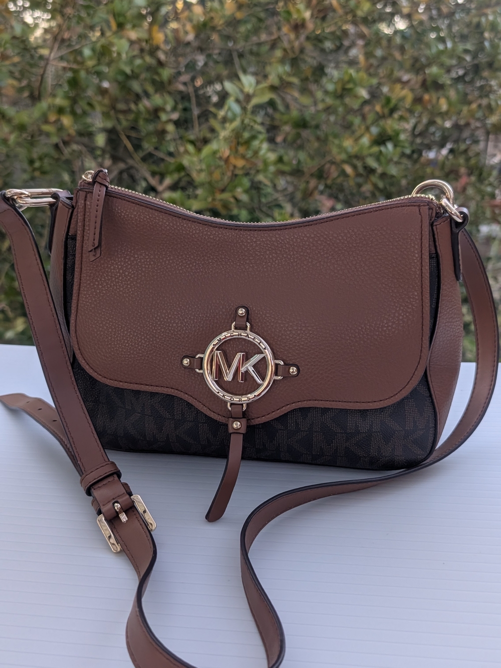 Michael Kors Brown Leather & Logo Canvas Saddle Crossbody